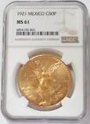 1921 GOLD MEXICO 50 PESOS COIN NGC MINT STATE 61 SCARCE EARLY DATE