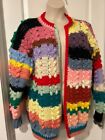 Vintage Hand Crocheted Granny Cardigan Sweater Sz L Colorful Stripes Chunky Knit