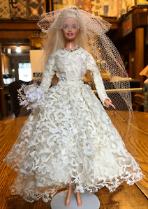 Vintage Ivory Lace Wedding Gown Dress & Veil  Barbie-size NO DOLL OR STAND