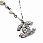 Classic CHANEL Pearl Glass Crystal Silver Chain CC Coco Logo pendant Necklace