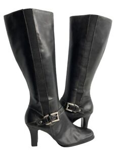Ann Klein Merritt Black Leather Tall Knee High Heel Buckle AK Boots Womens 6 M
