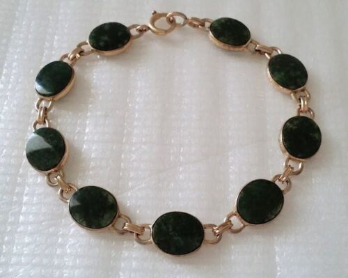 Vintage Signed WRE Richards Co. 12K Gold Filled Green Jade Link Bracelet