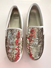 Tory Burch Women's 10.5 White Leather w Gold Reversible Sequin Fabric Front Shoe