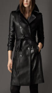 Women's Brown Leather Trench Coat Genuine Lambskin Overcoat Long Winter Jacket