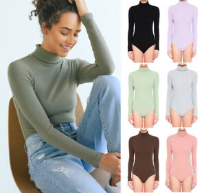 Turtleneck Long Sleeve Basic Bodysuit Stretch Cotton Solid Top Ribbed T-Shirt