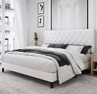 Queen Size Platform Bed Frame Tufted White Faux Leather Headboard Modern