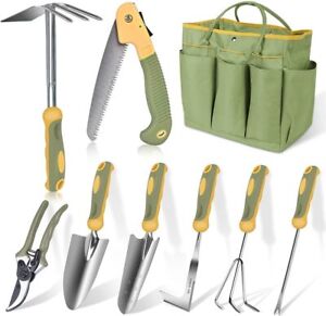 Garden Tool Set, 9 Piece Stainless Steel Heavy Duty Green Gardening Tools with