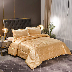 Gold Queen Size Comforter Set Luxury Silk  Lightweight 3 Pcs  Cozy  Bed Set