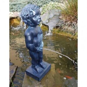 Classic Belgian Boy Pond Spitter Fountain Statue in Black, Garden Water Feature