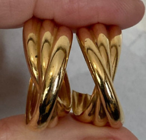 14k Yellow Gold Hoop Earrings Large 3 Row Ribbed Glossy Pierced 4.8 Grams 1