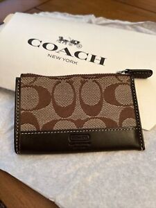 Coach Signature Leather Trim Coin Purse Pouch Case Zip Wallet