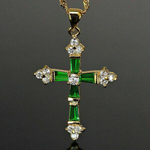 2 CT Baguette Cut Green Emerald And Diamond Cross Pendant 14K Yellow Gold Finis