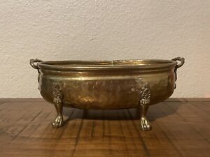 Vintage 11.5” Oblong Hammered Brass Planter with Claw Feet