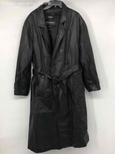 Wilsons Mens Black Leather Belted Collared Long Sleeve Trench Coat Size Medium