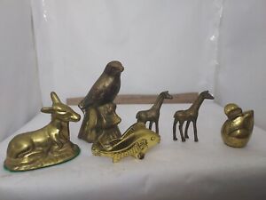 6 Pc Small Brass Animal Lot Bird, Giraffe, Mousse, Fish, Donkey