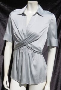 BCBG MAXAZRIA size M Medium Silver Stretch Silk Pleated V Neck Shirt Blouse Top