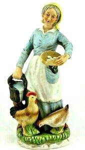 New ListingVintage Porcelain Figurine Elderly Farm Lady Gathering Eggs & Watering Chickens