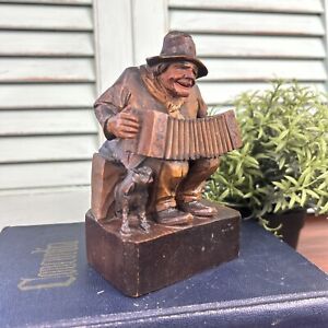 Vintage Anri Wood Carved Figurine Man Dog Accordion Concertina Artist Signed 6”
