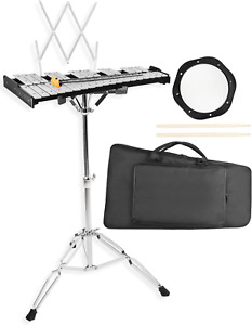 32 Notes Glockenspiel Bell Kit with 8'' Practice Pad, Adjustable Height Stand, M
