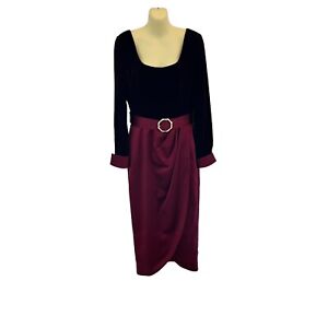 En Francais Huey Waltzer Vintage Burgundy Tulip Belted Midi Dress Women's Size 8