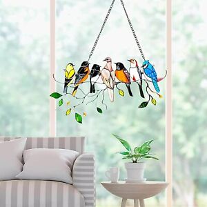 Multicolor 7 Birds on a Wire High Suncatcher Window Panel Hanging Home Decor