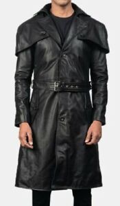 Mens Leather Trench Coat Genuine Lambskin Long Jacket Knee Length Winter Coat