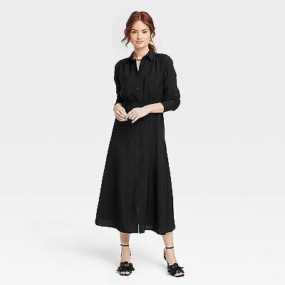 Women's Long Sleeve Collared Midi Crepe Shirtdress - A New Day Black XS