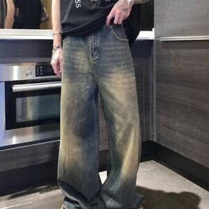 Men's Vintage Loose Casual Jeans Faded Blue Baggy Wide Leg Hip Hop Denim Pants
