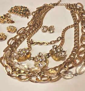 Vintage Gold Tone Faux Pearl And Clear Rhinestone Mixed Lot