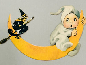 Vintage Halloween Early Witch And Child In Ghost Costume On Crescent Moon Diecut