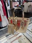 Michael Kors Tote Satchel Handbag Purse Bag + Coin Pouch Keychain Gold id Wallet