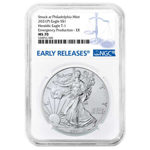 2021 (P) $1 American Silver Eagle NGC MS70 Emergency Production ER Blue Label