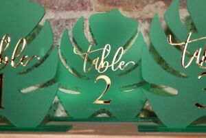 Monstera Leaf Beach Wedding Table Numbers 1-13, Green With Gold Lettering