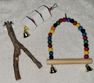 Lot Of 3 Bird Toys, Perches- Wood Swing 5