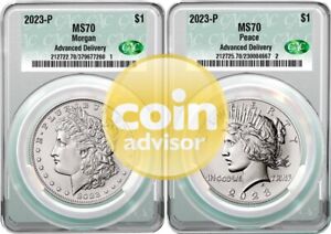 2023 $1 Silver Morgan and Peace Dollar 2 Coin Set CAC MS70 Advanced Delivery