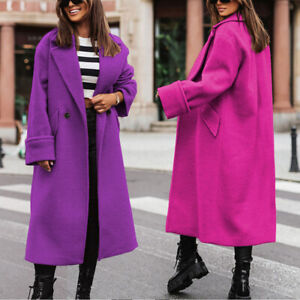 Womens Fleece Long Trench Coat Jacket Outwear Suit Lapel Overcoat Winter Warm