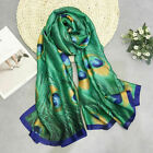 Women Chiffon Silk Scarf 90*180cm Green Peacock Feather Print Long Shawl Wrap