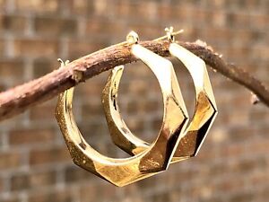 Large Vintage 14k Solid Gold Faceted Scalloped Hoop Earrings Italy