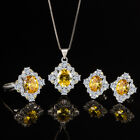 3pc Yellow Citrine Gems Jewelry Set for Women Necklace Earrings Ring Gown Party