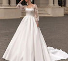 O-Neck Wedding Dresses Full Sleeves Satin Applique A-Line Bride Gown Sweep Train