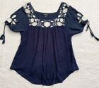 Lucky Brand Medium Peasant Top Blue White Embroidered Tassels Square Neck Linen