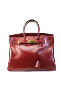 Hermes Womens Birkin 35 Tote 2001 Handbag Vintage Oxblood Box Leather Dark Red
