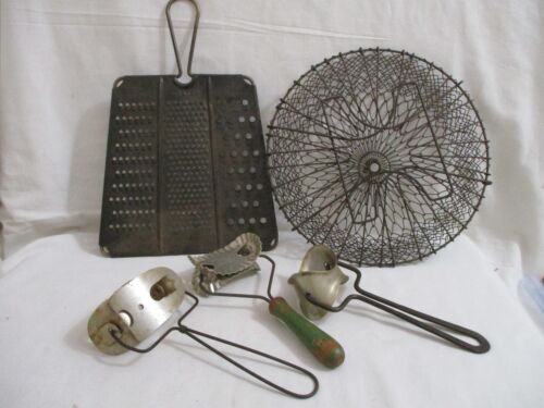 Lot 5 Antique Metal Kitchen Tools Gadgets, biscuit  cutters , grader & strainer