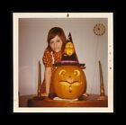 New Listingvintage snapshot photo: Teen Girl w/ Halloween Pumpkin Wearing Owl Witch Hat