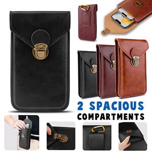 Men Cell Phone Belt Pack Bag PU Leather Loop Dual Layer Waist Holster Case Cover