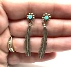 Navajo Vintage Sterling Silver Turquoise Flower Feather Dangle Stud Earrings