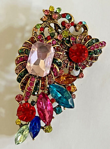 Crystal Flower Flowers Glass Rhinestone Brooch Pin Vintage Multicolor Daisy Rose