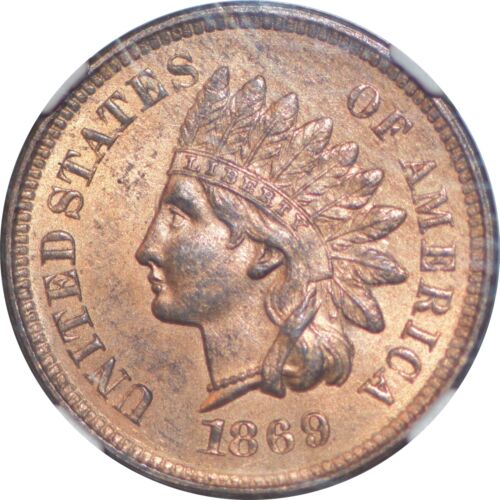 1869/69 Indian Head Cent - MS65RB NGC.  Mostly red example.  Tough key date!