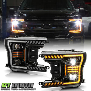 <FULL LED> 2018-2020 Ford F150 Amber DRL w/Sequential Projector Headlights BLACK (For: 2019 Limited)