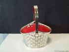 Pincushion Basket with Handle Figural Vintage Silver Tone Metal Red Velvet Pins